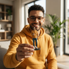 Illustration: a person holding a realistic portrait figurine of themselves in the same outfit