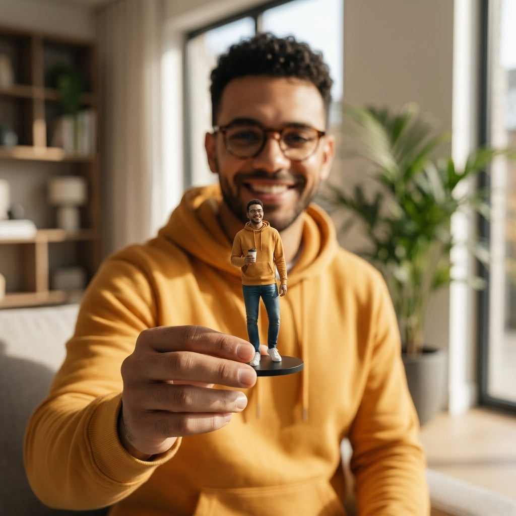 Illustration: a person holding a realistic portrait figurine of themselves in the same outfit