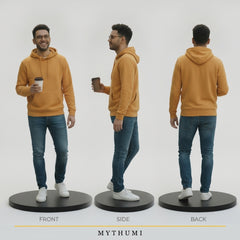 Illustration: front, side and back views of a realism-style figurine on a brown square base