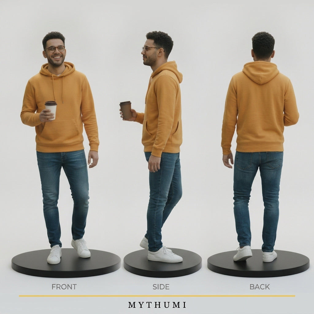 Illustration: front, side and back views of a realism-style figurine on a brown square base