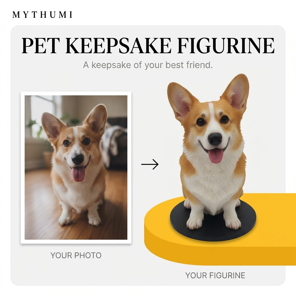 Illustration: before-and-after poster of a dog photo becoming a detailed pet keepsake figurine