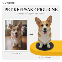 Illustration: before-and-after poster of a dog photo becoming a detailed pet keepsake figurine