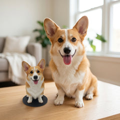 Illustration: a dog sitting next to its own keepsake figurine on a cosy living room rug