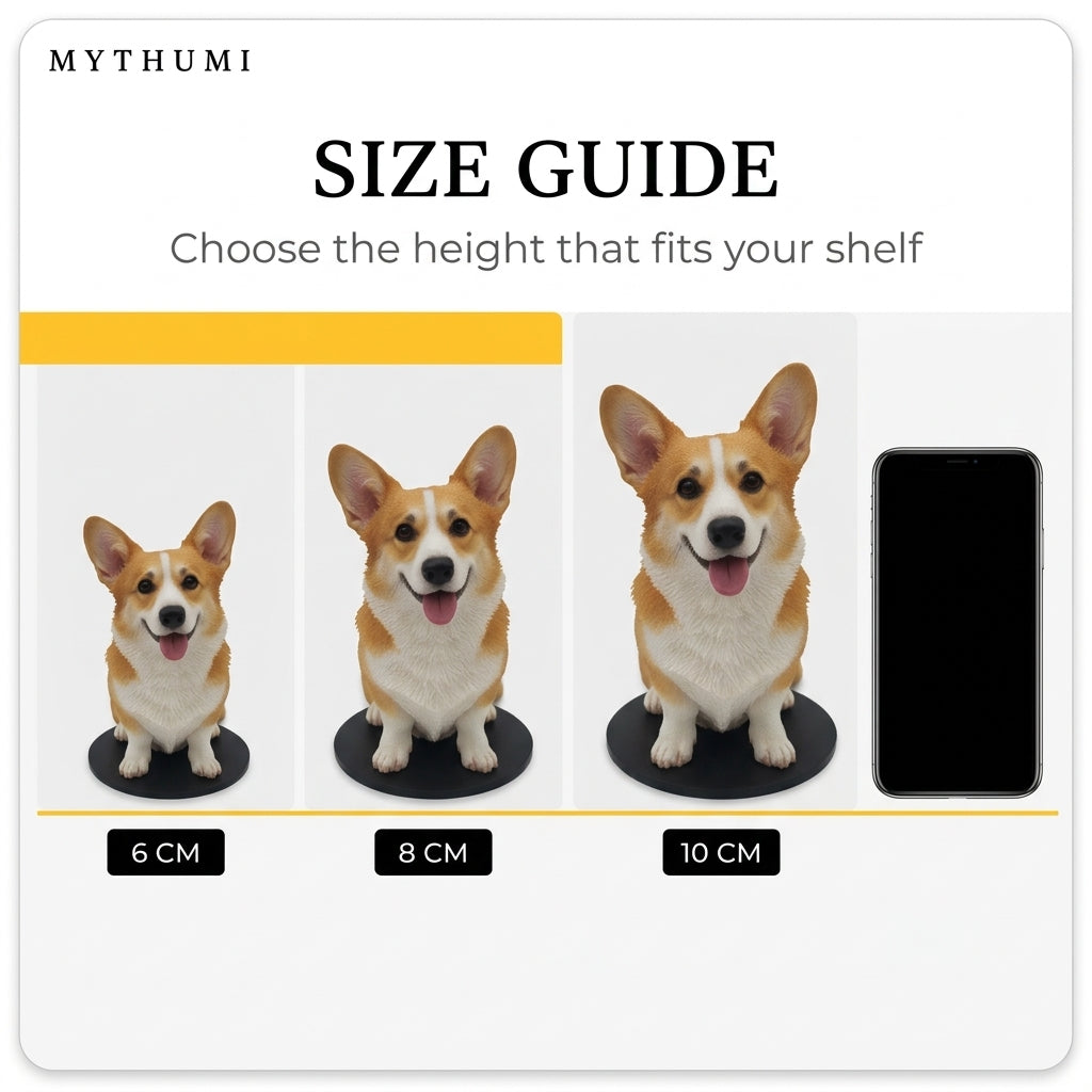 Illustration: the pet keepsake figurine at 6 cm, 8 cm and 10 cm lined up for size comparison