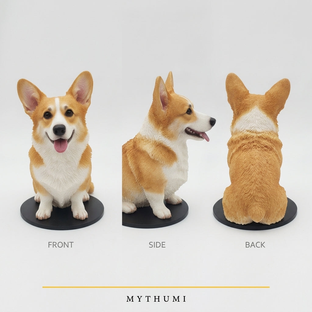 Illustration: front, side and back views of a pet figurine showing markings and fur texture