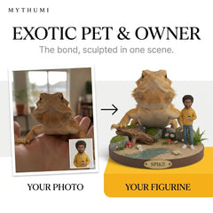 Illustration: before-and-after poster of an owner and lizard photo becoming a habitat scene figurine