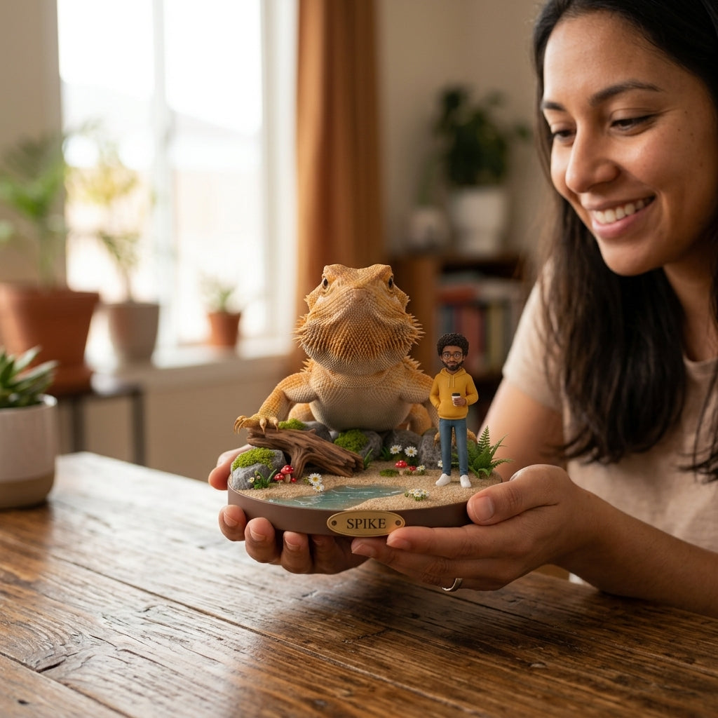 Illustration: a reptile keeper beside a terrarium holding a figurine of themselves and their pet