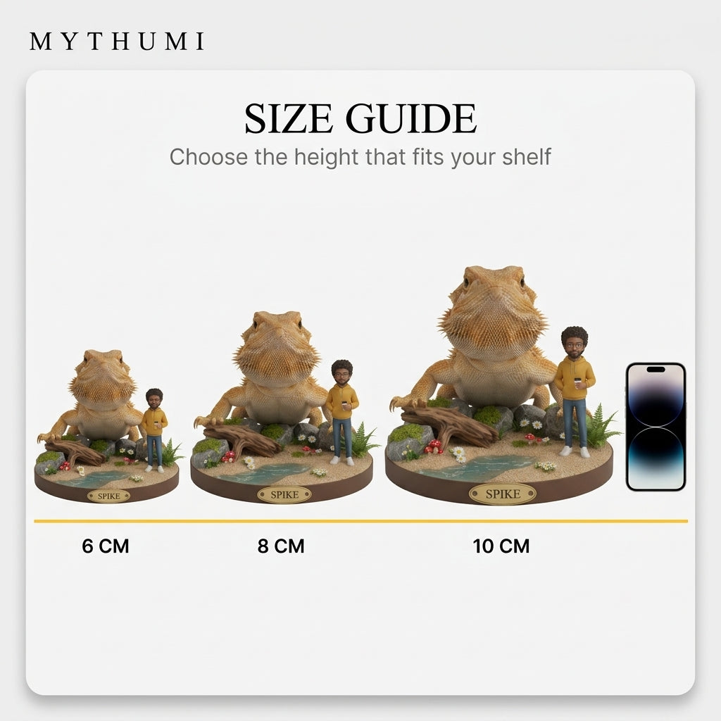 Illustration: the exotic pet and owner figurine shown at 6 cm, 8 cm and 10 cm for size comparison