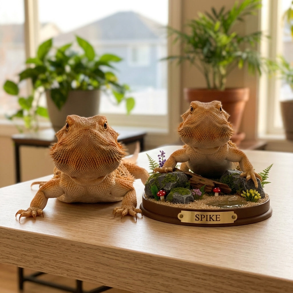 Illustration: a pet owner holding a terrarium-scene figurine next to their real gecko enclosure