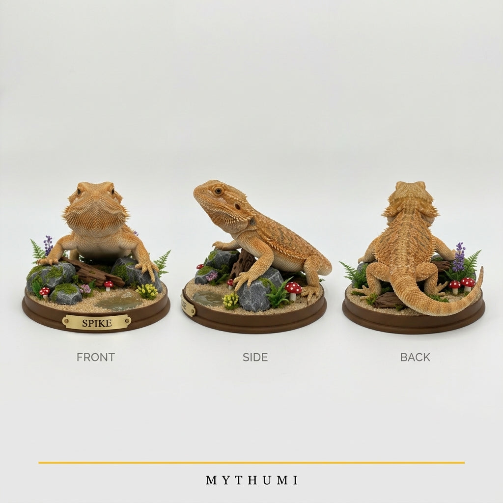 Illustration: front, side and back views of an exotic pet figurine among ferns and driftwood