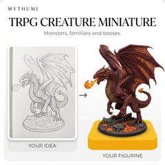 Illustration: before-and-after poster of a pencil sketch becoming a full-colour creature miniature