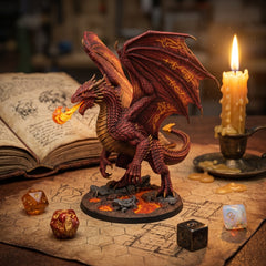 Illustration: a game master setting a creature miniature onto a battle map as players react
