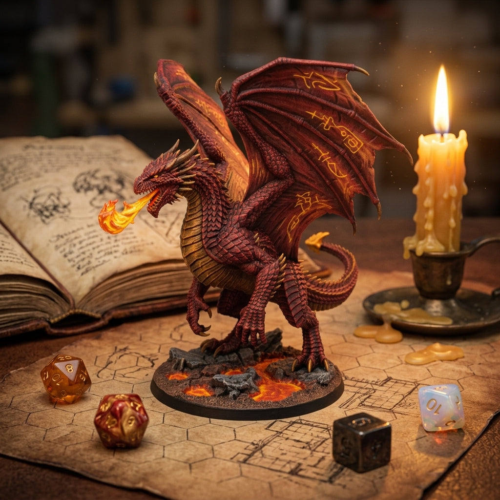 Illustration: a game master setting a creature miniature onto a battle map as players react