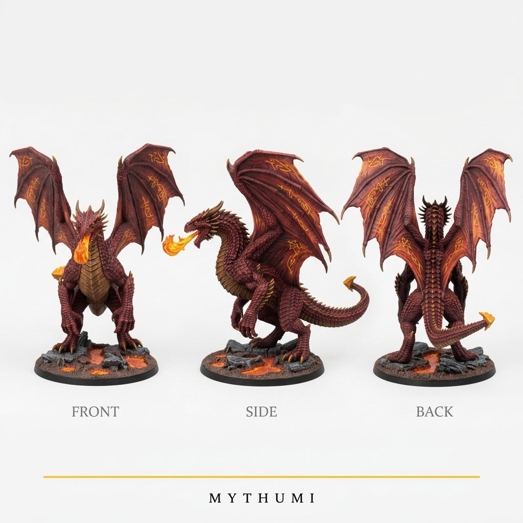 Illustration: front, side and back views of a scaled, clawed creature miniature with magic effects