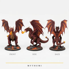 Illustration: front, side and back views of a scaled, clawed creature miniature with magic effects