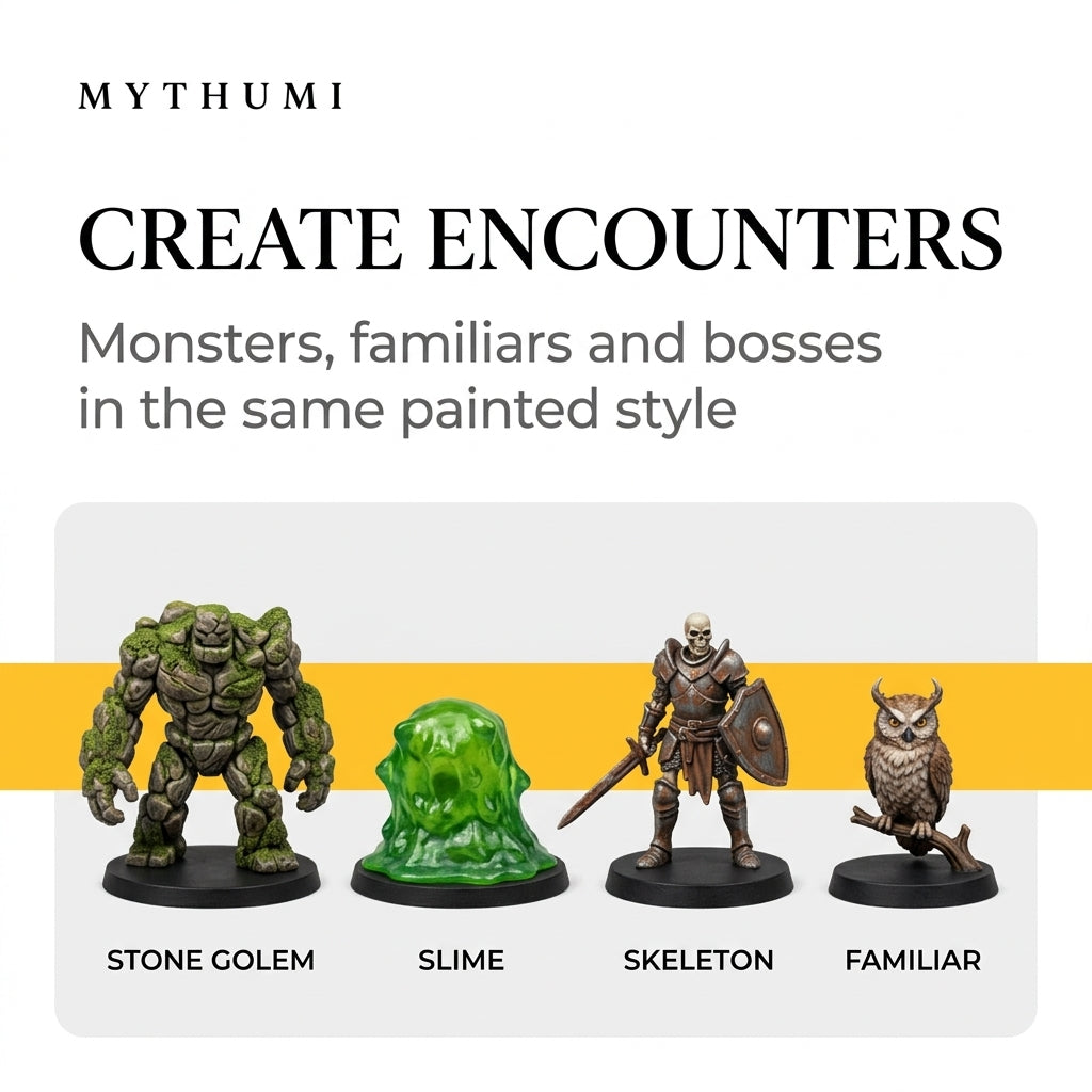 Illustration: showcase of several creature miniatures staged as different tabletop encounters