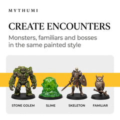 Illustration: showcase of several creature miniatures staged as different tabletop encounters