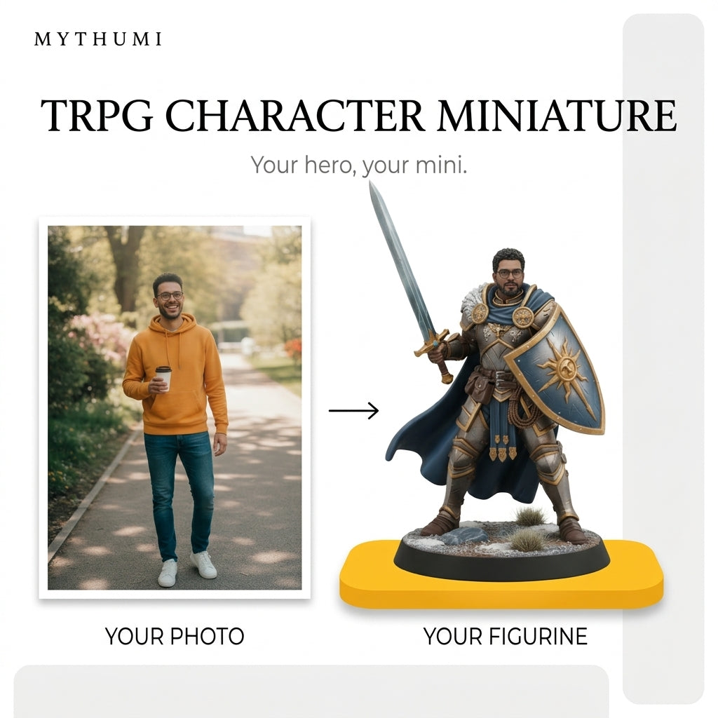 Illustration: before-and-after poster of a player photo becoming an armoured hero character miniature