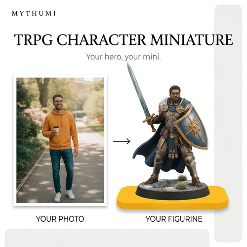 Illustration: before-and-after poster of a player photo becoming an armoured hero character miniature