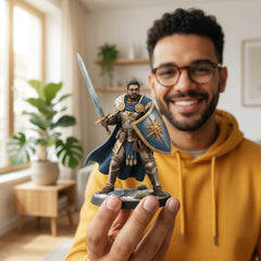 Illustration: a player holding their armoured hero miniature above a dice tray and character sheet
