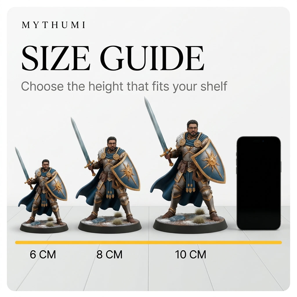 Illustration: the armoured hero character miniature at 6 cm, 8 cm and 10 cm for size comparison