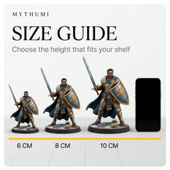 Illustration: the armoured hero character miniature at 6 cm, 8 cm and 10 cm for size comparison