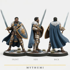 Illustration: front, side and back views of an armoured hero miniature with weapons drawn