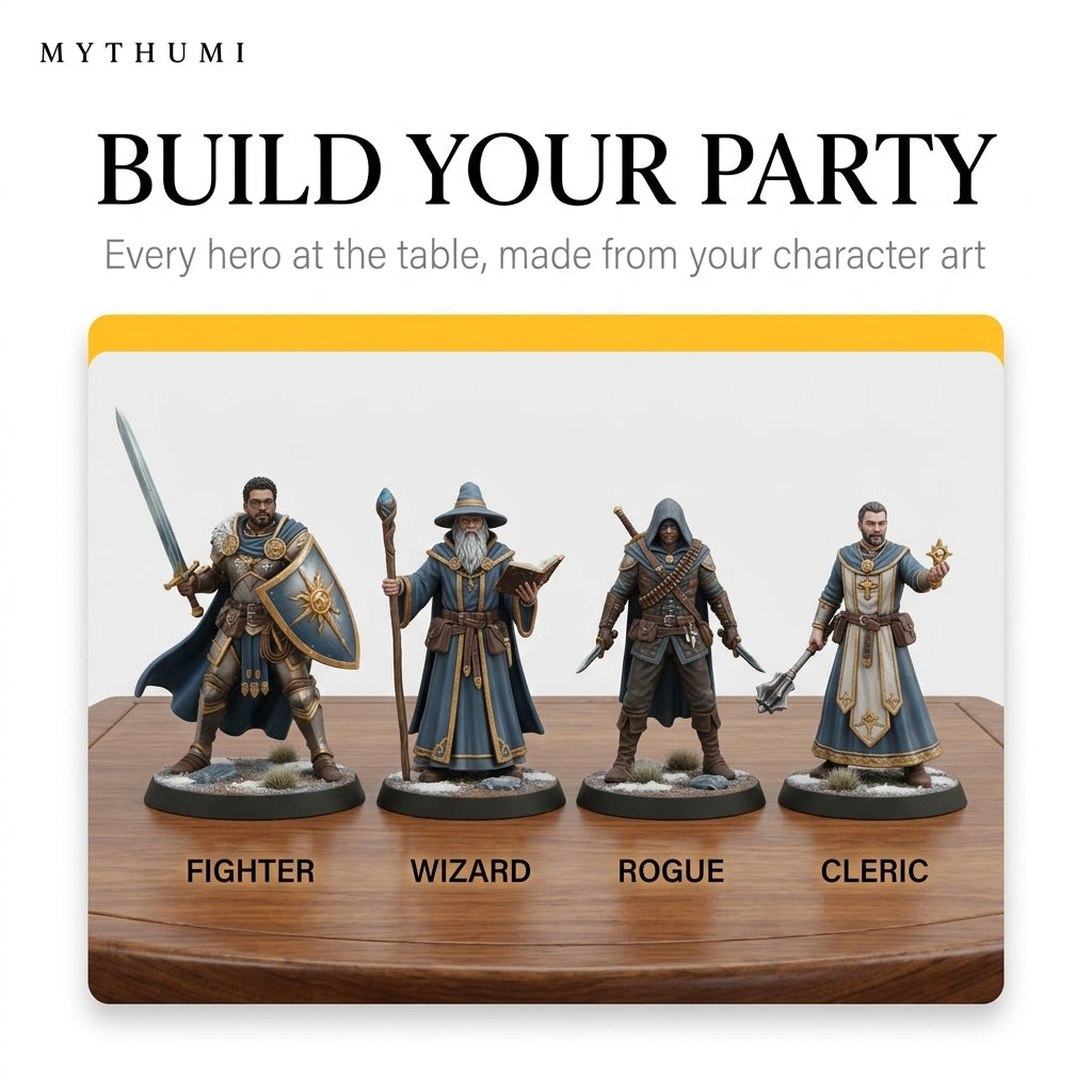Illustration: a party of armoured hero miniatures of different races and classes posed together