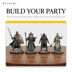 Illustration: a party of armoured hero miniatures of different races and classes posed together