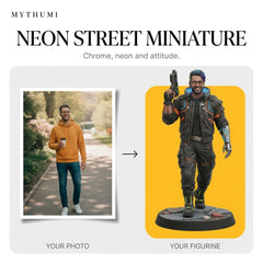 Illustration: before-and-after poster turning a portrait photo into a neon street tabletop miniature