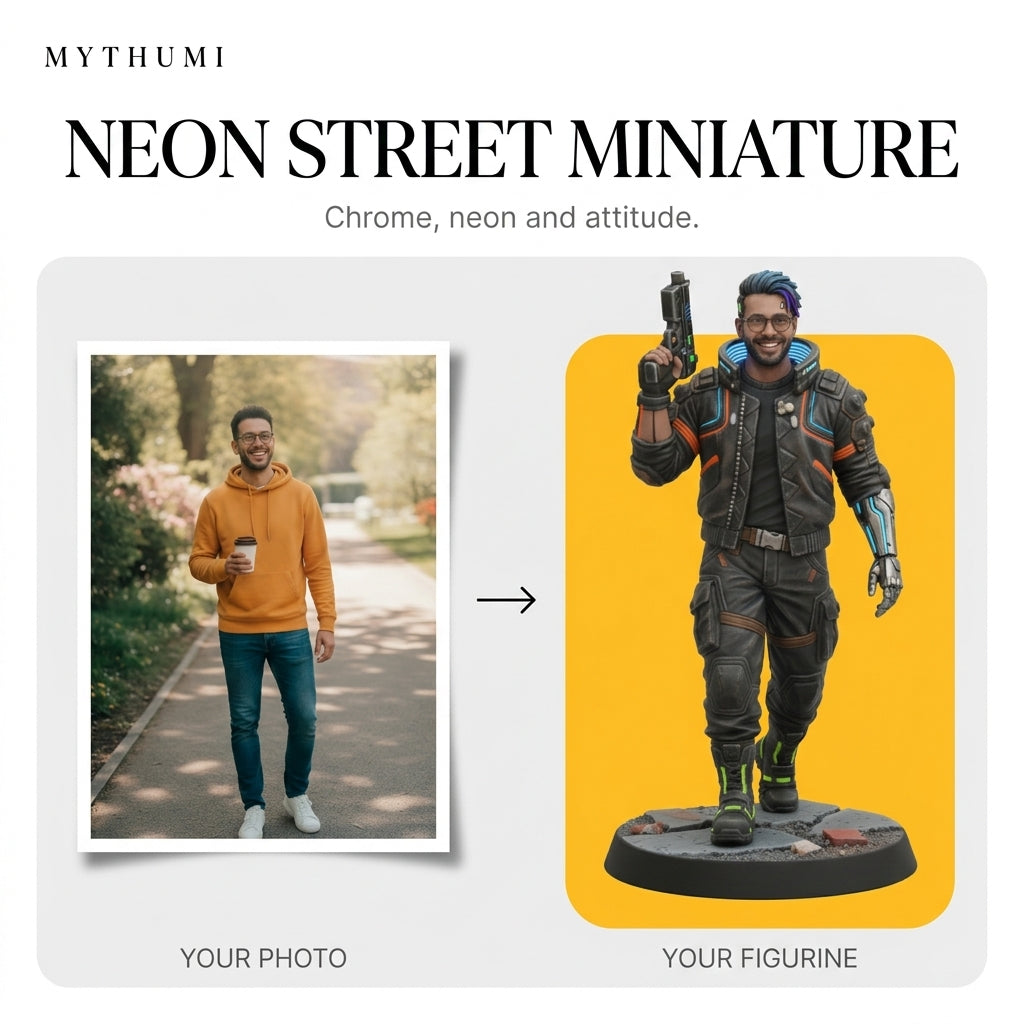 Illustration: before-and-after poster turning a portrait photo into a neon street tabletop miniature