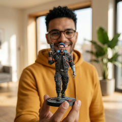 Illustration: a tabletop player holding up their neon street tabletop miniature at home