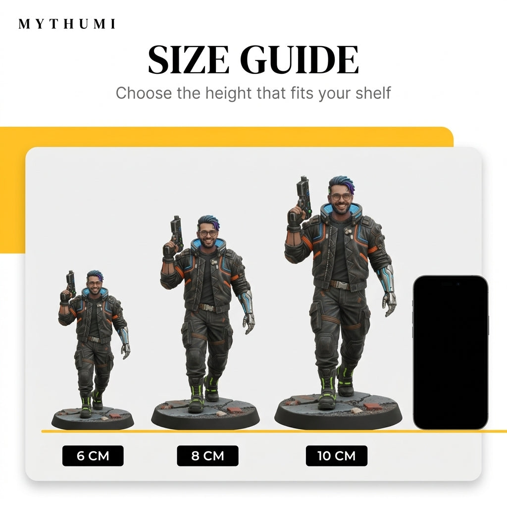 Illustration: the neon street tabletop miniature shown side by side in 6 cm, 8 cm and 10 cm heights