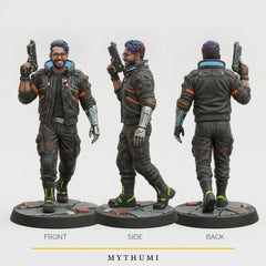 Illustration: front, side and back views of the neon street tabletop miniature