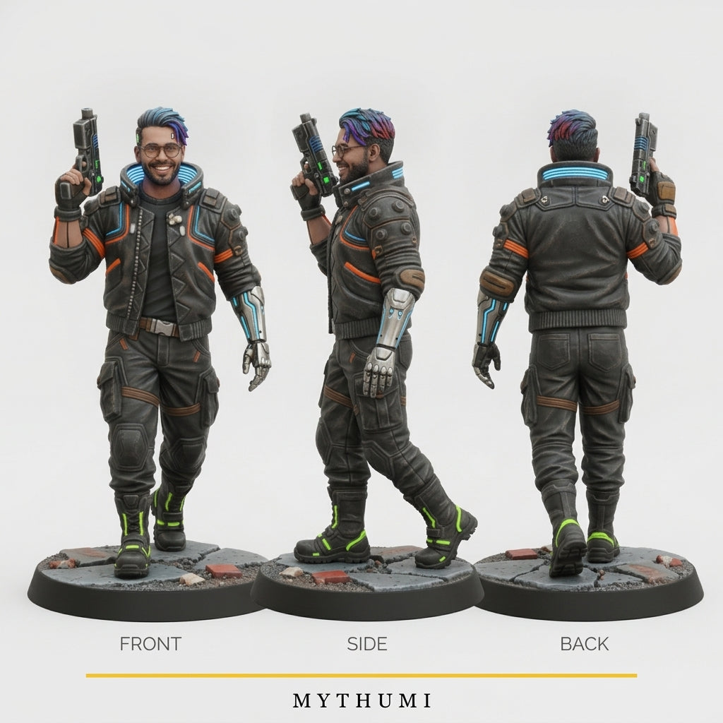 Illustration: front, side and back views of the neon street tabletop miniature