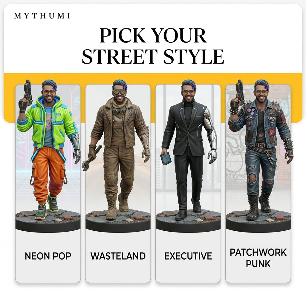 Illustration: four street miniature looks: neon streetwear, desert-road leathers, black suit with chrome arm and patchwork punk