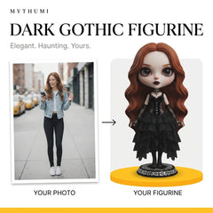Illustration: before-and-after poster turning a portrait photo into a moonlit gothic doll figurine