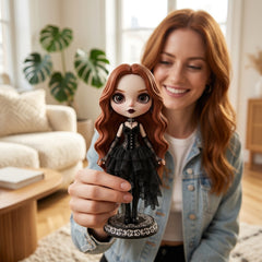 Illustration: a person holding up their moonlit gothic doll figurine at home