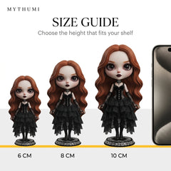 Illustration: the moonlit gothic doll figurine shown side by side in 6 cm, 8 cm and 10 cm heights