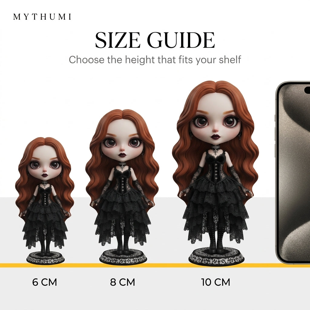 Illustration: the moonlit gothic doll figurine shown side by side in 6 cm, 8 cm and 10 cm heights