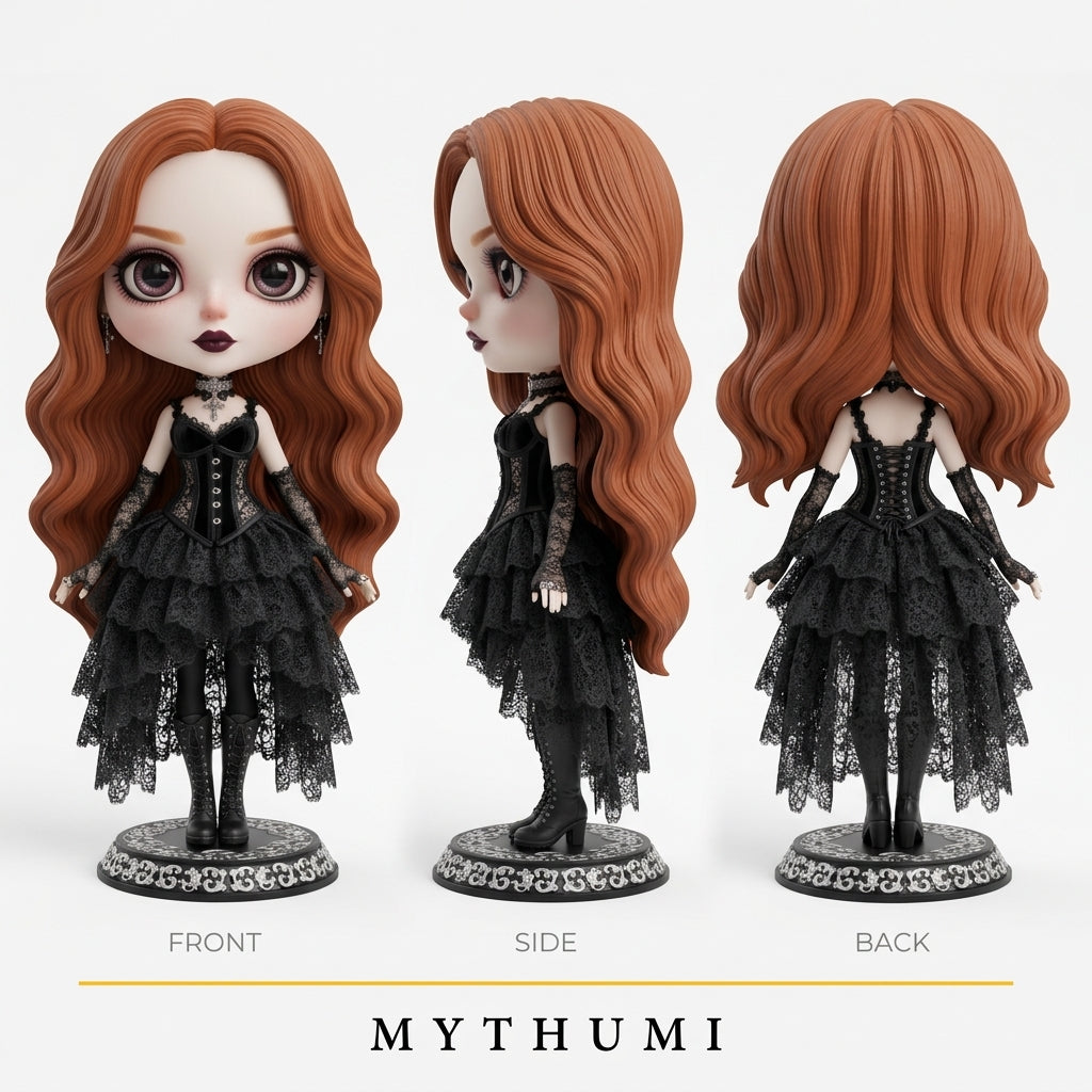 Illustration: front, side and back views of the moonlit gothic doll figurine
