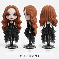 Illustration: front, side and back views of the moonlit gothic doll figurine