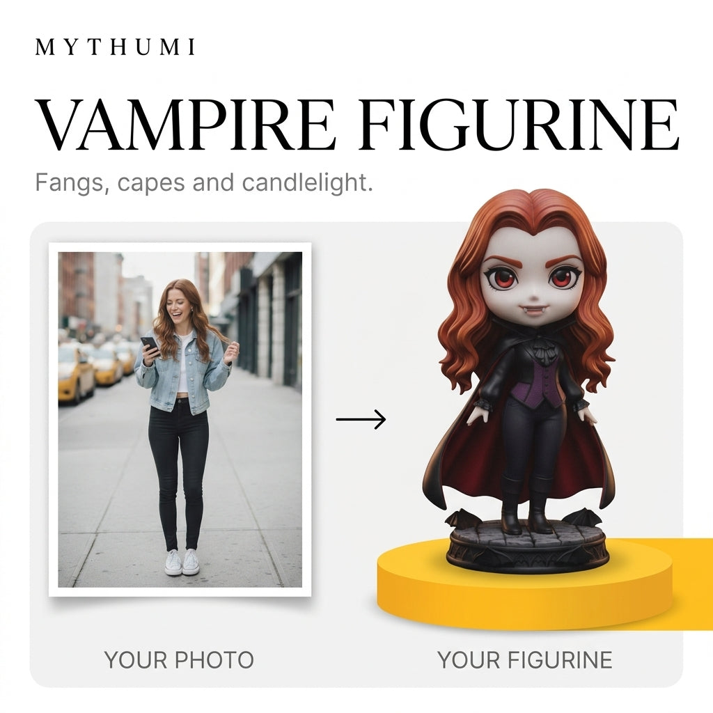Illustration: before-and-after poster turning a portrait photo into a caped vampire figurine