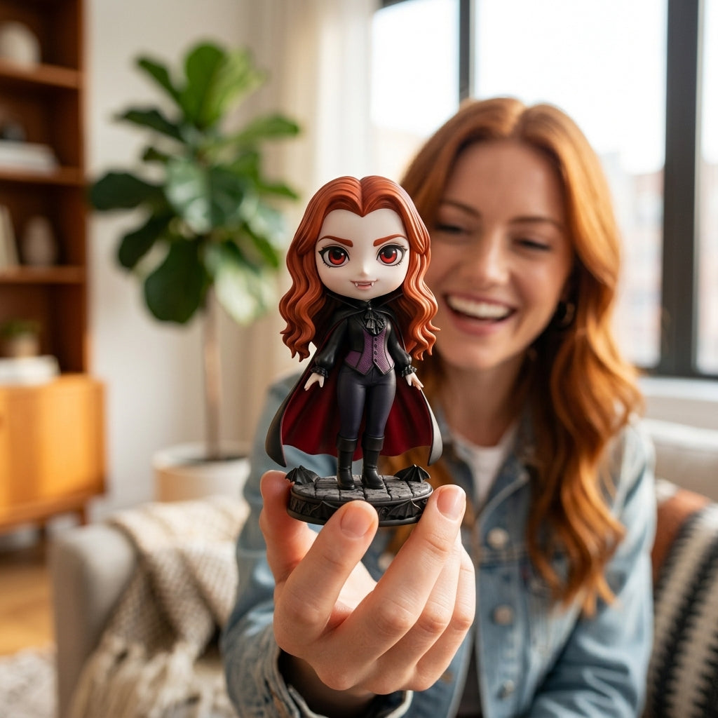 Illustration: a person holding up their caped vampire figurine at home