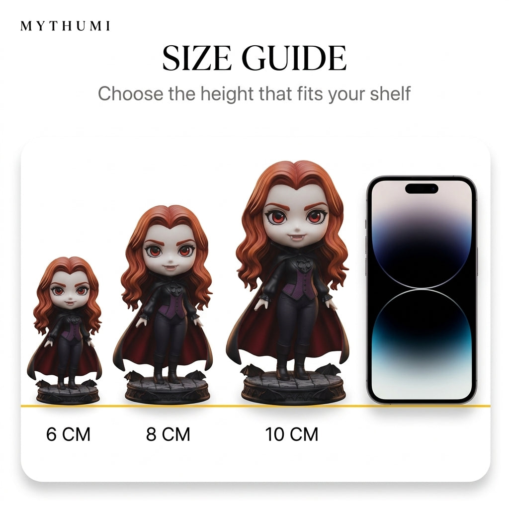 Illustration: the caped vampire figurine shown side by side in 6 cm, 8 cm and 10 cm heights
