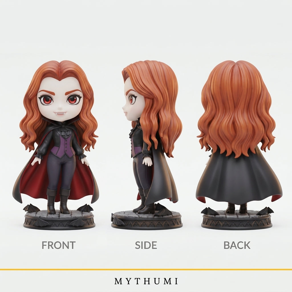Illustration: front, side and back views of the caped vampire figurine