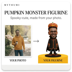 Illustration: before-and-after poster turning a portrait photo into a pumpkin hood monster figurine