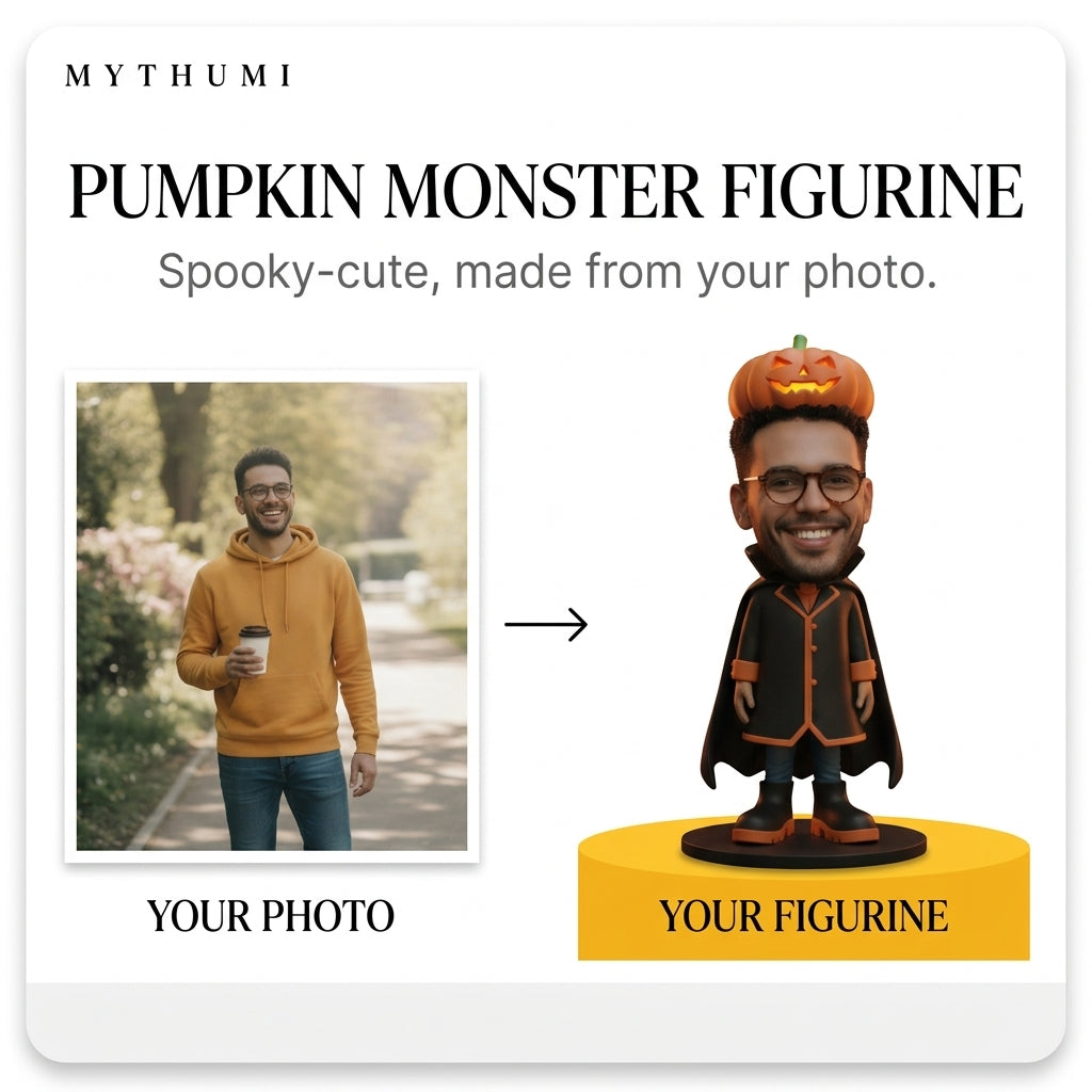 Illustration: before-and-after poster turning a portrait photo into a pumpkin hood monster figurine