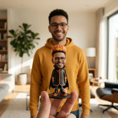 Illustration: a person holding up their pumpkin hood monster figurine at home