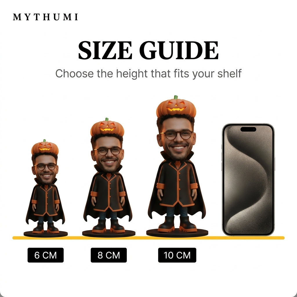 Illustration: the pumpkin hood monster figurine shown side by side in 6 cm, 8 cm and 10 cm heights